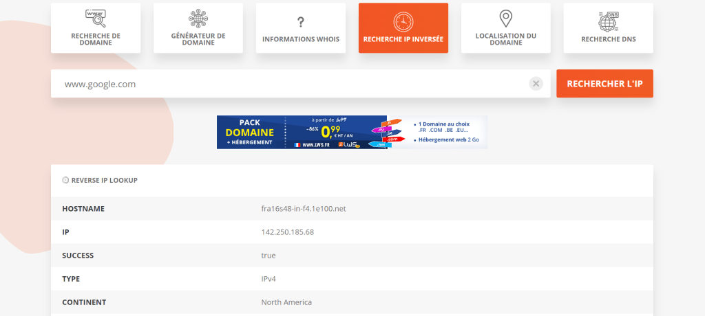 Verify an IP address of a website on outilsdomaine.com