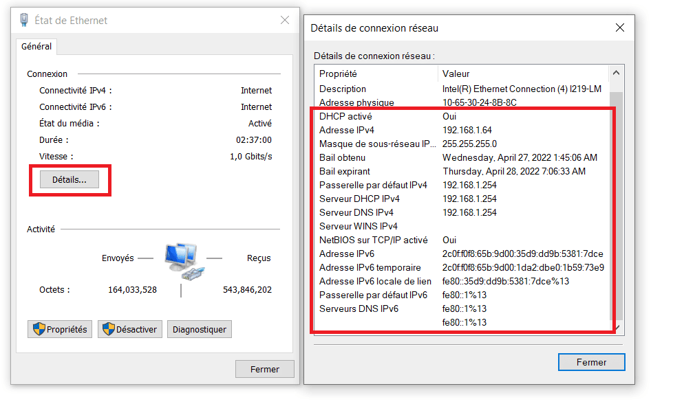 Vérification des paramètres IP des OS clients